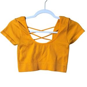 Aerie Real Good Ribbed Crop Top Mustard Yellow Strappy Back Short Sleeve Medium